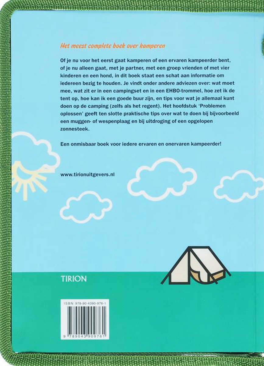 Een lichtblauwe kaft met de titel 'Het meest complete boek over kamperen'. Illustraties van zon, wolken en een tent. ISBN 978-90-4390-976-1.
