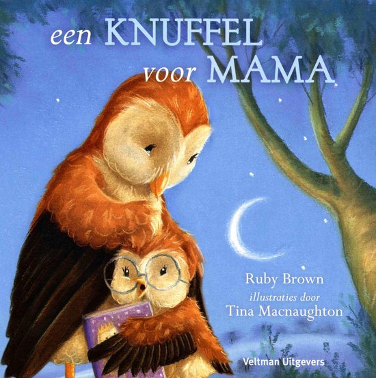 Illustratie van twee uilen, een grote en een kleintje, die 's nachts knuffelen met de maan en sterren. Tekst: Een Knuffel voor Mama.
