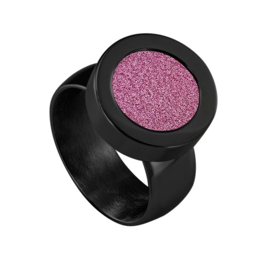 Quiges RVS Schroefsysteem Ring Zwart Glans 16mm met Verwisselbare Glitter Roze 12mm Mini Munt
