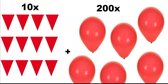 10x Vlaggenlijn 10 meter + 200 Ballonnen rood