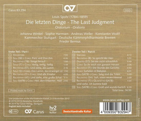 Achterkant van CD-hoes met tracklist en details van "Die letzten Dinge" van Louis Spohr.