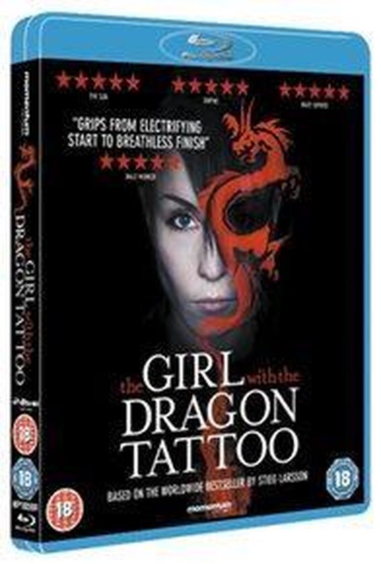 Blu-ray hoes van 'The Girl with the Dragon Tattoo' met een vrouw met een drakenontwerp op haar gezicht.