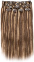 Clip in Extensions, 100% Human Hair Straight, 18 inch, kleur #4/27 Chocolate Brown / Dark Blonde