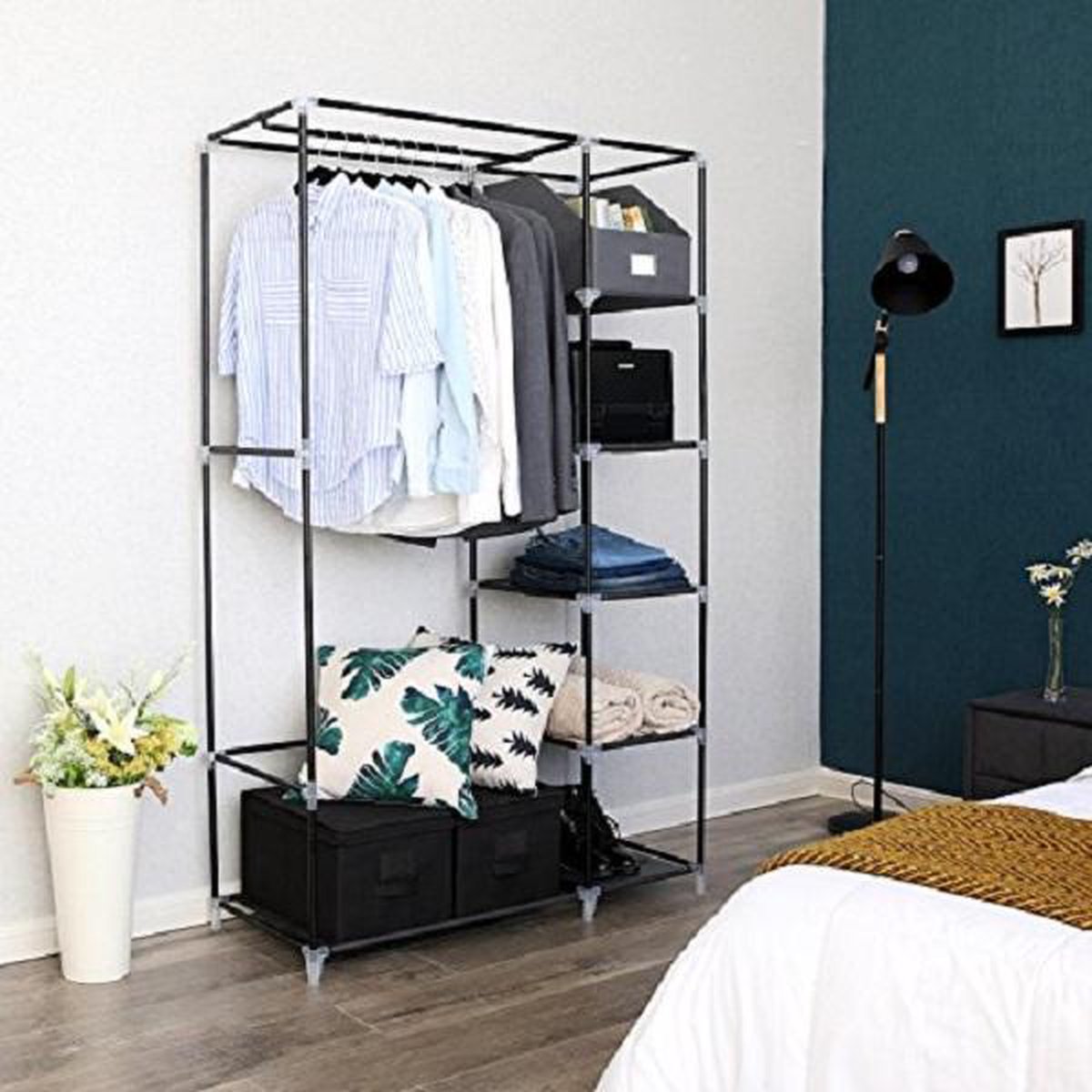 SONGMICS Armoire En Tissu 12 Étagères Avec Tringle - Dressing Gris 150 X 45 X 175 Cm Pour Chambre Et Rangement