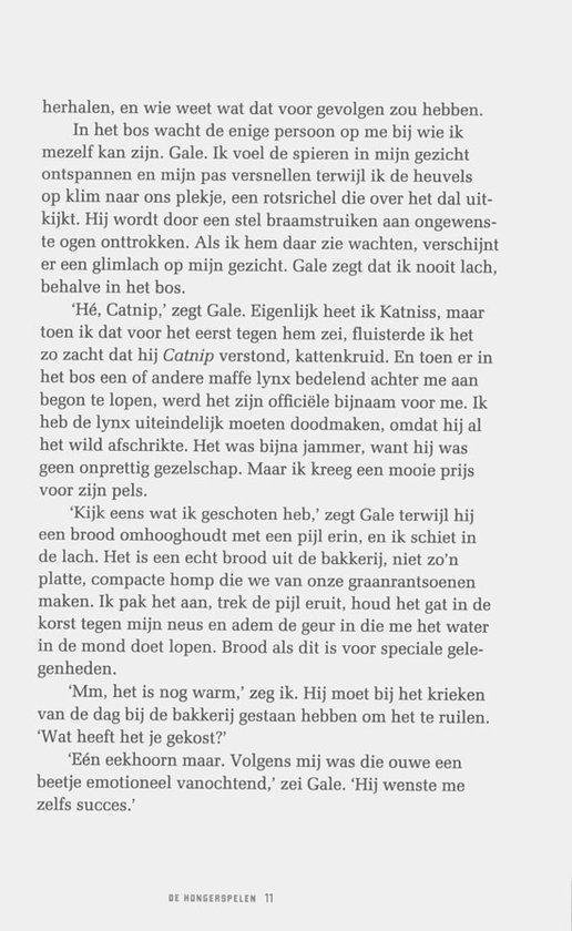Tekstpagina met dialoog uit De Hongerspelen. Geen afbeeldingen.