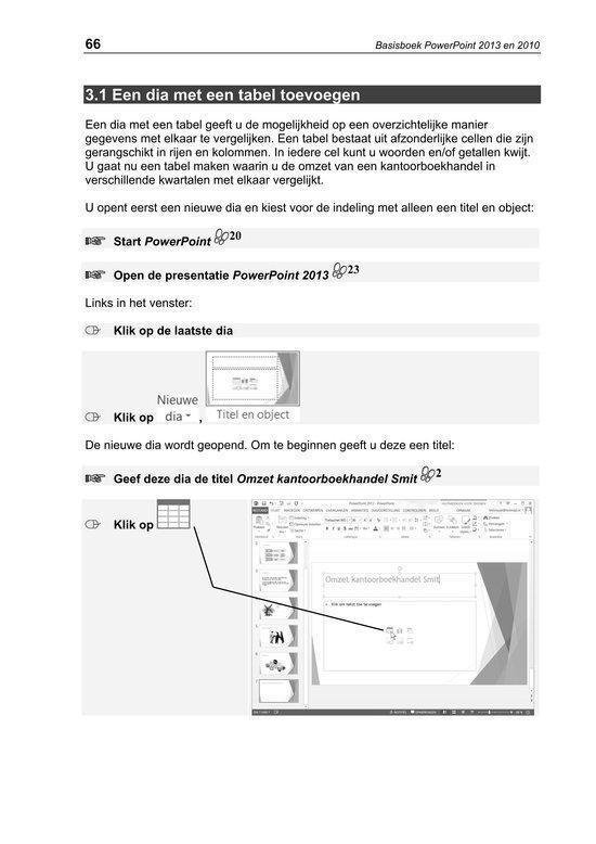 Pagina 66, 'Een dia met een tabel toevoegen', met screenshots van PowerPoint.