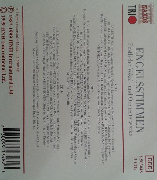 Naxos Engelstimmen, Festliche Vokal- und Orkestwerke 3 CD's met tracklistings, catalogusnummer 8.503048.