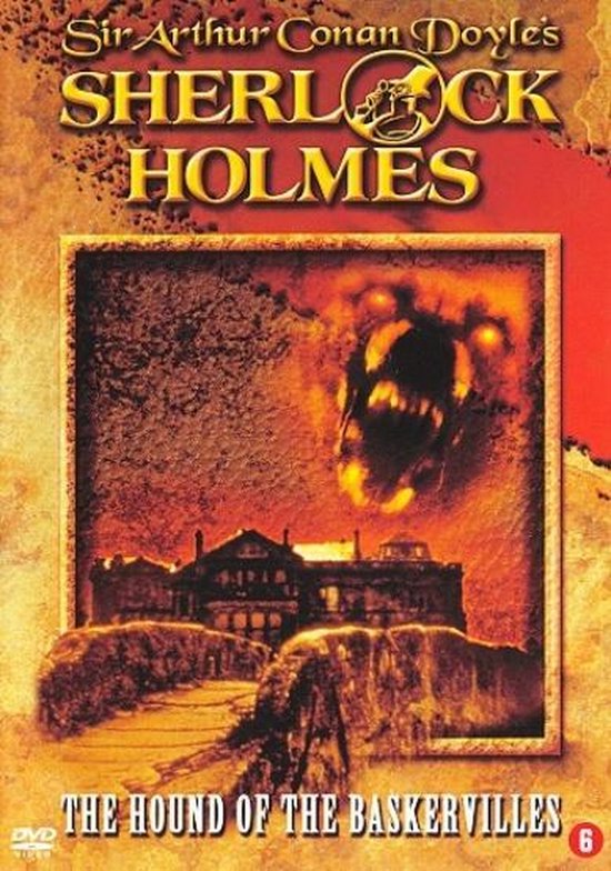 De cover van de dvd "Sir Arthur Conan Doyle's Sherlock Holmes: The Hound of the Baskervilles" toont een spookachtige bovennatuurlijke hond boven een landhuis.
