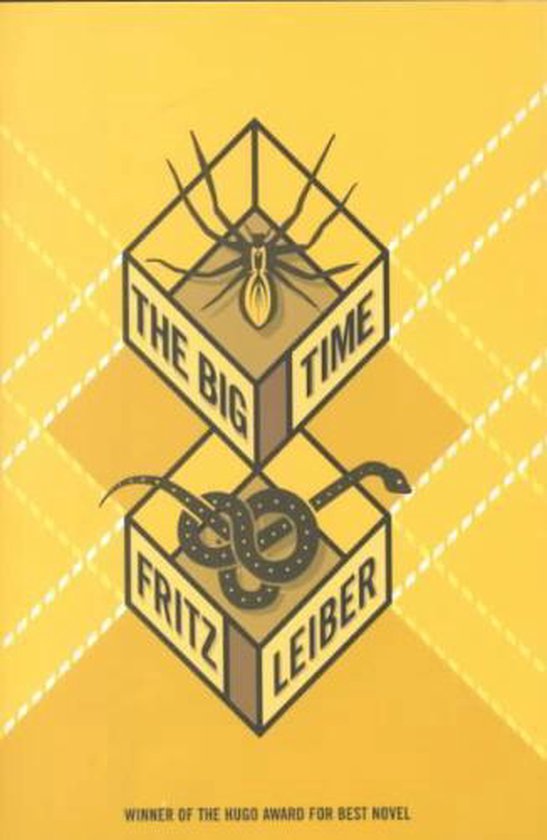 Boekomslag van 'The Big Time' door Fritz Leiber, met een spin en slang op een gele ruitachtergrond.