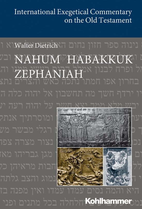 Boek "International Exegetical Commentary on the Old Testament" met de titels NAHUM HABAKKUK ZEPHANIAH, in het Hebreeuws, met afbeeldingen van oude reliëfs en beelden.