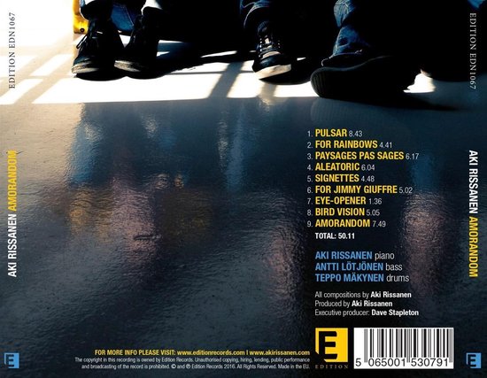 Bas d'une pochette de CD avec le titre : Aki Rissanen Amorandom. Liste des pistes et code-barres.