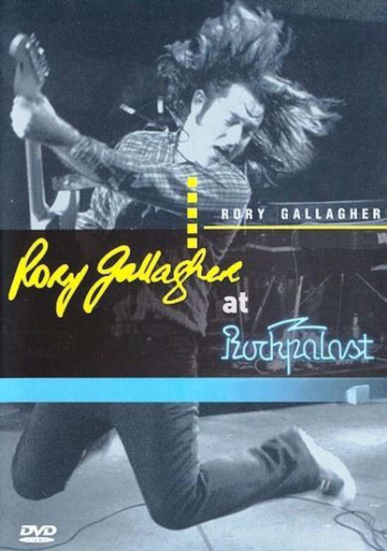 Rory Gallagher speelt gitaar op het podium bij Rockpalast, zwart-wit, DVD-logo.