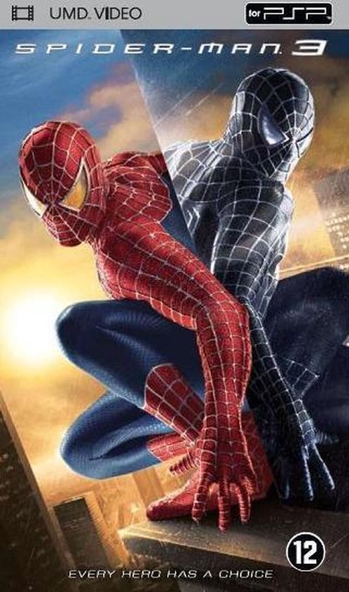 Spider-Man 3 UMD voor PSP: Spiderman in rood-blauw en zwart pak, met stadsgezicht.