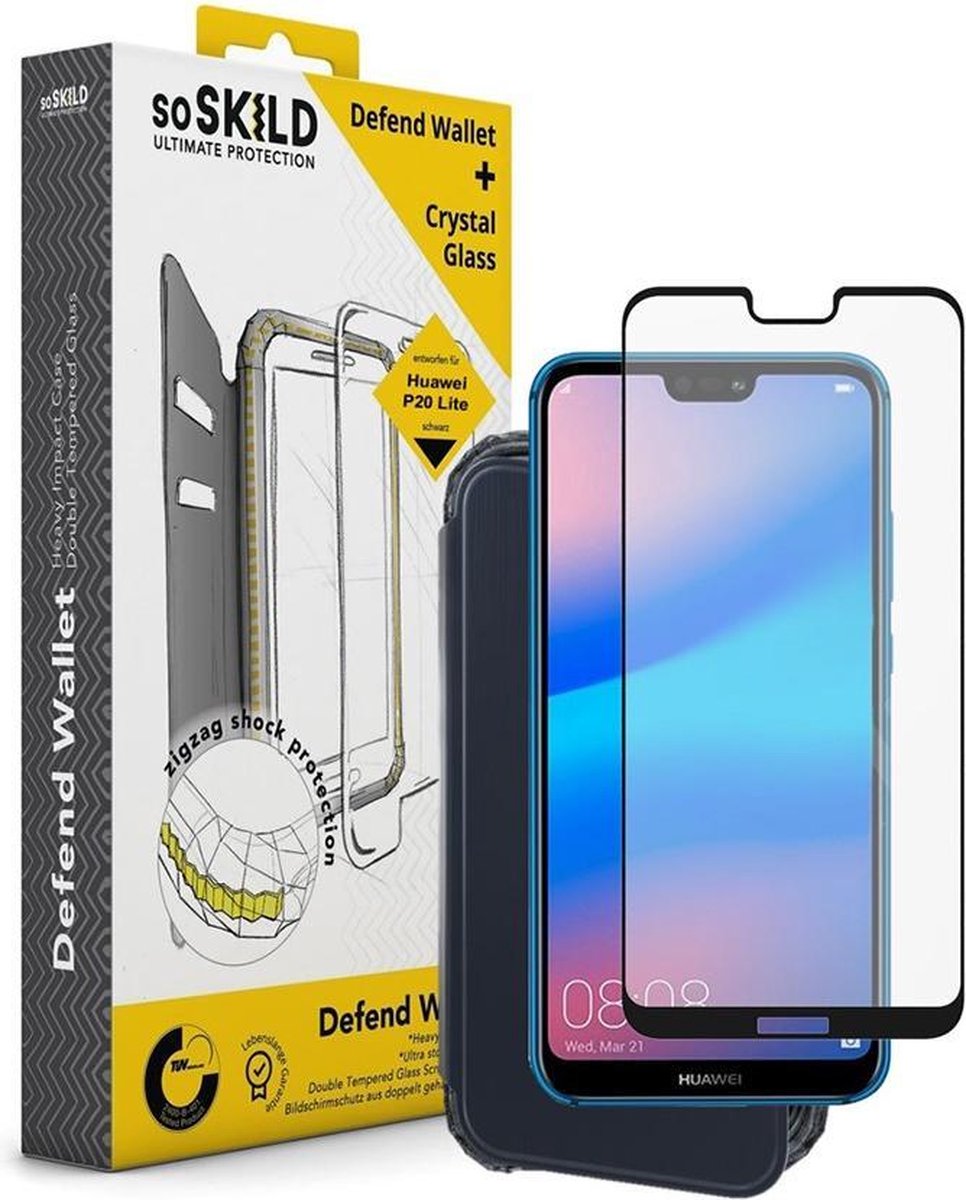 SoSkild Huawei P20 Lite Defend Wallet Impact Case Black and Tempered Glass (Black)