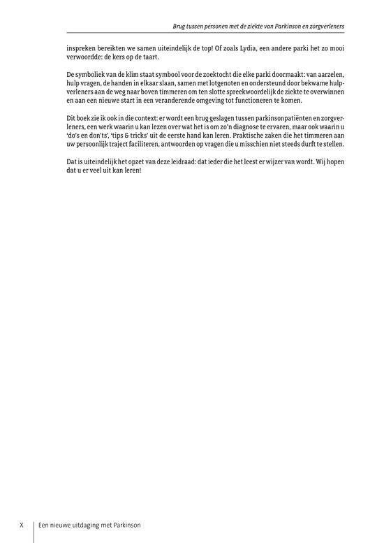 Pagina met tekst. De titel bovenaan luidt "Brug tussen personen met de ziekte van Parkinson en zorgverleners". De tekst gaat over de symboliek van de klimaat, die staat voor het zoeken naar hulp.