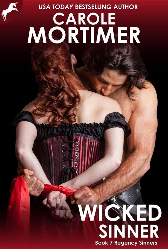 Femme aux cheveux roux en corset, tenue par un homme aux cheveux longs. Titre : Wicked Sinner.