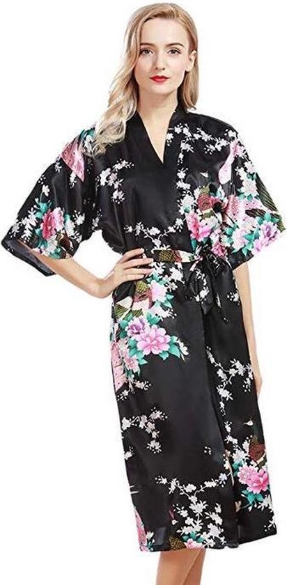 Kimono chinois peignoir robe de chambre en satin noir dames taille XXL