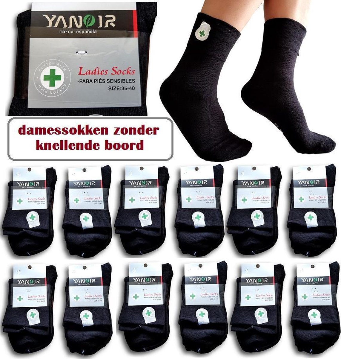 katoenen sokken zonder elastiek zwart 12 paar maat 35-40 | bol.com