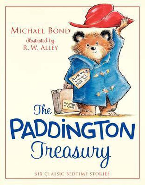 The Paddington Treasury: Boekcover met Paddington Beer in blauw jasje en rode hoed, met koffer.