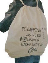 Rugtasje De camping Tas voor WC rol, krant en warme broodjes cadeau voor papa mama opa en oma vaderdag moederdag verjaardag man vrouw dames heren anders tekstbord