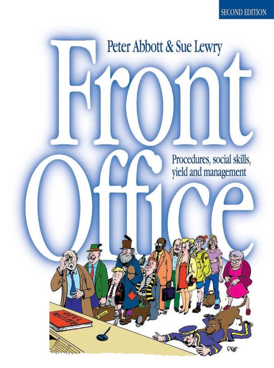 Boekcover met de titel "Front Office", tweede editie. Een groep mensen wacht in een rij, een receptionist zit achter een bureau.