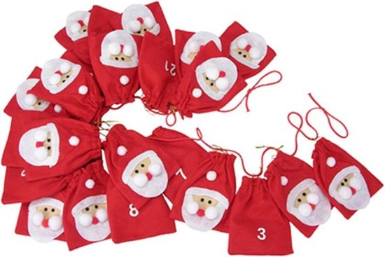 Adventskalender, 24 stuks Zakjes van 100% katoen 10 x 13 cm Kerstaccessoires
