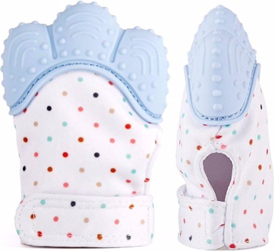 Bijthandschoen Pastel Blauw voor doorkomende baby tandjes | Bijtring Alternatief | speelgoed | kraamcadeau