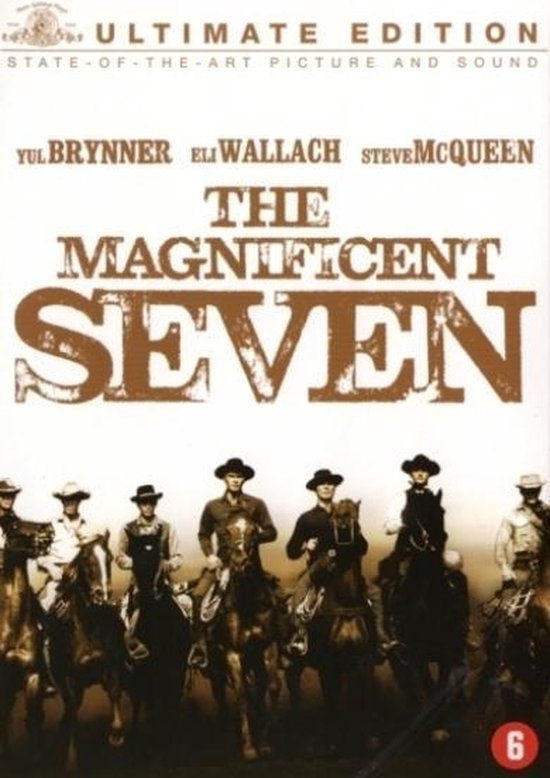 The Magnificent Seven, Ultimate Edition DVD cover met Yul Brynner, Eli Wallach en Steve McQueen te paard.
