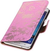 Samsung Galaxy J5 Lace Kant Booktype Wallet Hoesje Roze- Cover Case Hoes