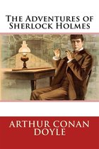 Boek met opdruk 'The Adventures of Sherlock Holmes' en Arthur Conan Doyle. Afbeelding van Sherlock Holmes die rookt.