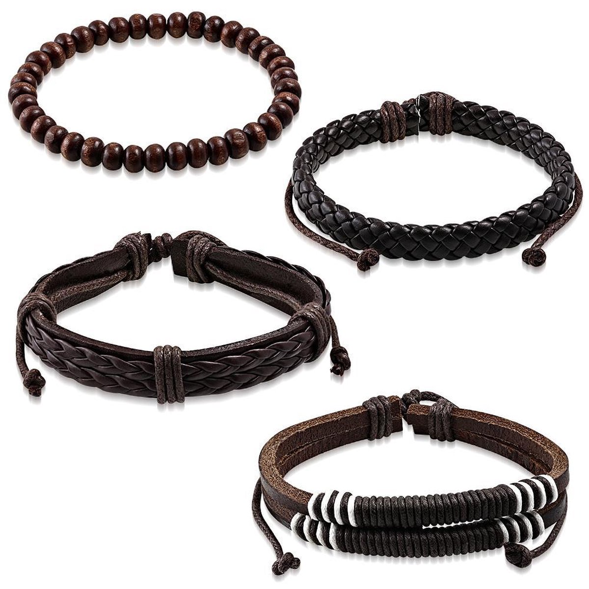 Amanto Armbanden Aiza - Leer - Touw - Kralen - 4-delig - 20 -23cm