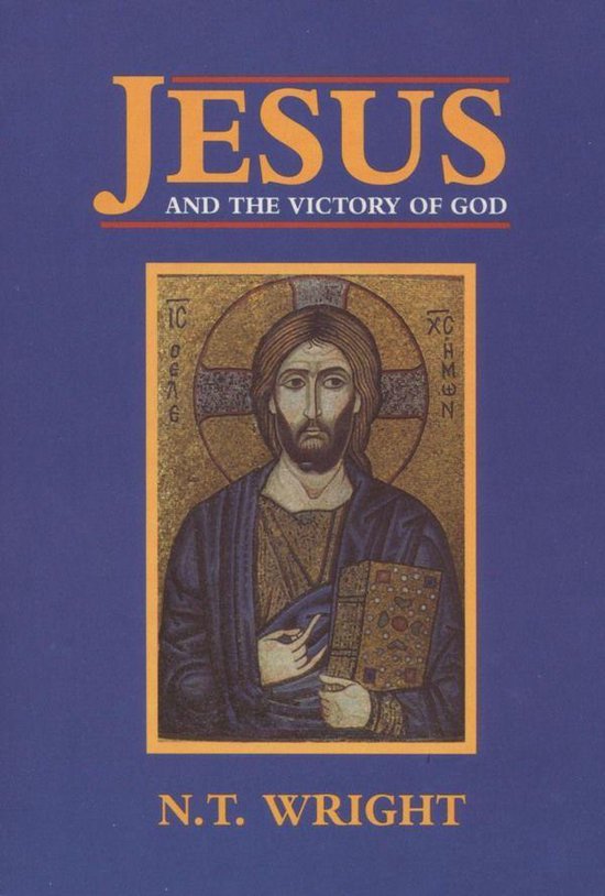 Boekomslag van "Jesus and the Victory of God" met een icoon van Jezus Christus met een aureool, een boek in zijn hand en de tekst "Jesus and the Victory of God" en "N.T. Wright".