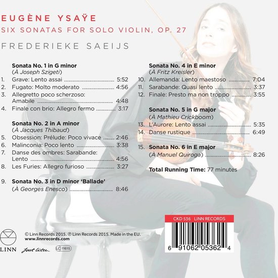 Achterkant van de hoes met de titel "Eugène Ysaÿe Six Sonatas For Solo Violin, Op. 27" en tracklist.