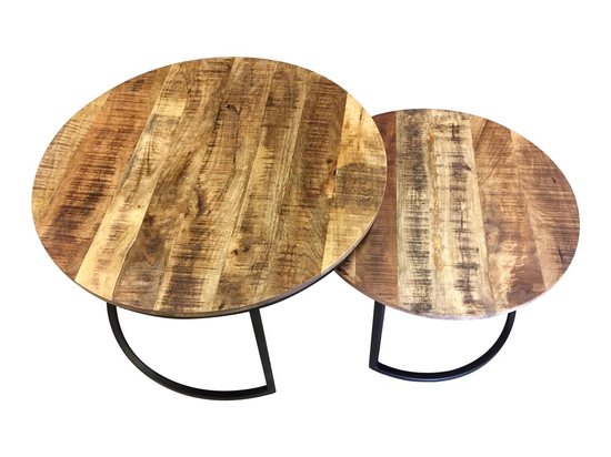 levandeo Set van 3 bijzettafels, mango, naturel, ijzer, zwart, design, houten salontafel, industriële decoratieve tafel