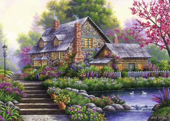 Een schilderachtige cottage met stenen en houten muren, omringd door een weelderige bloementuin en een kabbelende beek met zwanen.