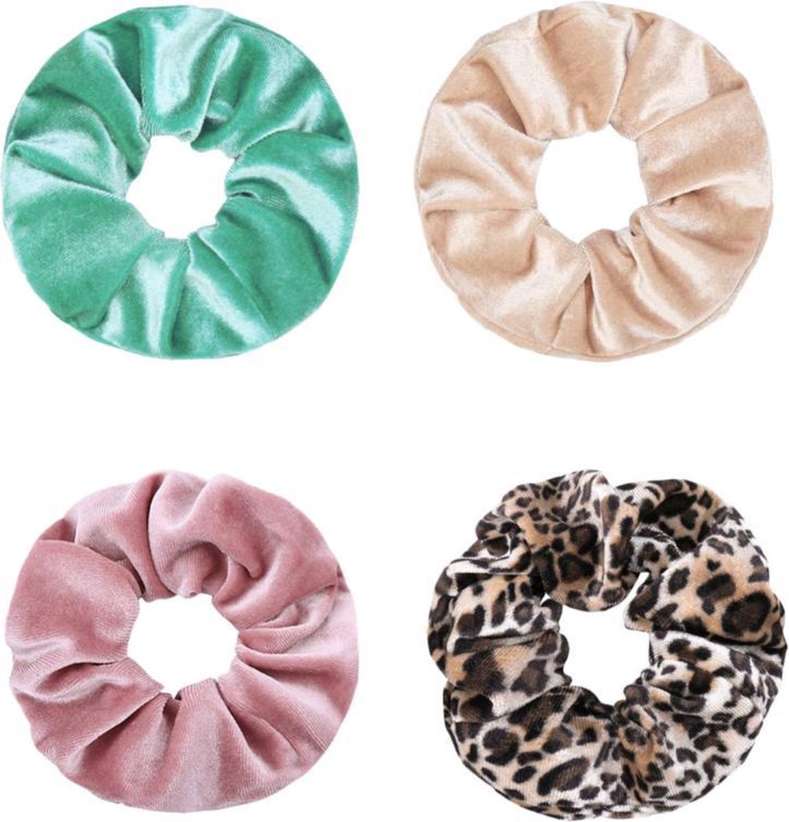 Jumalu scrunchie velvet haarwokkel haarelastiekjes - mint groen, beige, lichtroze en tijgerprint - 4 stuks