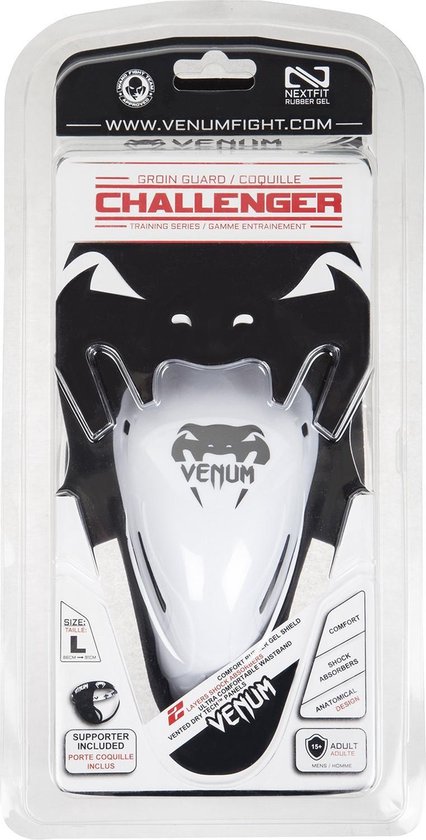 Venum Challenger kruisbeschermer in verpakking, wit met zwart logo.