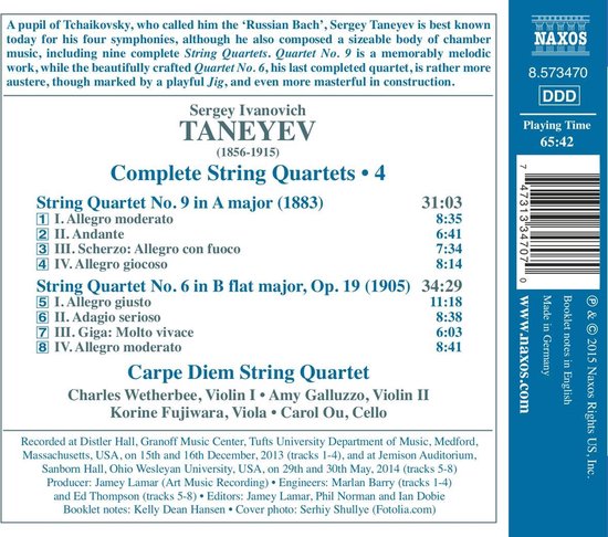 Achterkant van de cd met tracklijsten en informatie over Sergey Ivanovich Taneyev, Carpe Diem String Quartet.