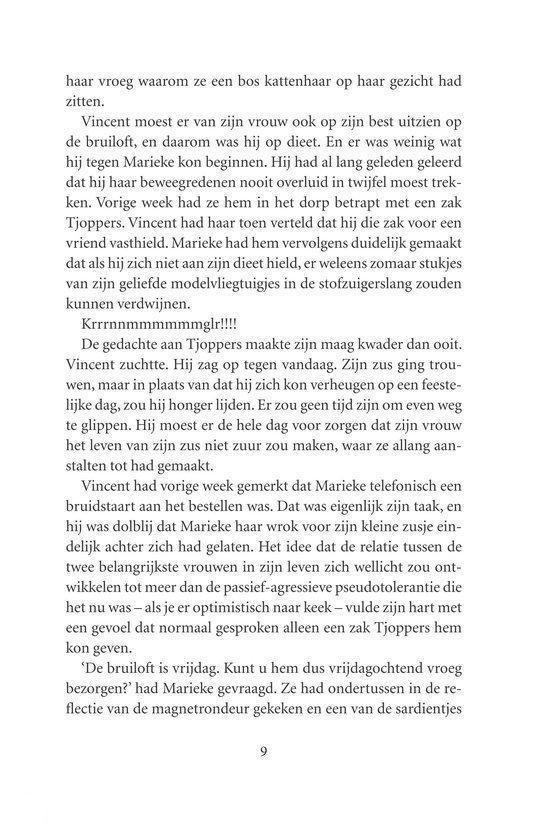 De tekst beschrijft een levendige scene, met mogelijk kattenhaar op een gezicht, en noemt "Tjoppers" en een bruiloft.