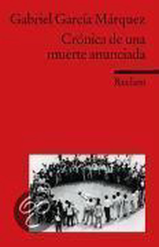 Livre Crónica de una muerte anunciada de Gabriel García Márquez, avec un cercle de personnes au premier plan sur fond rouge.