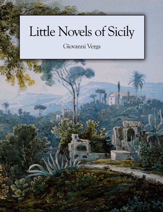 Boek kaft met aquarel van Sicilië met ruïnes en palmbomen. Titel: Little Novels of Sicily.