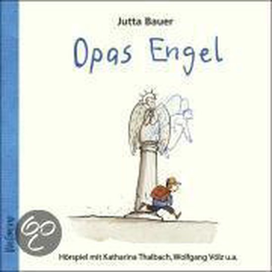 Titel: Opas Engel. Een jongen rent naar een engel op een sokkel. Achtergrond met vogel, tekst en logo.