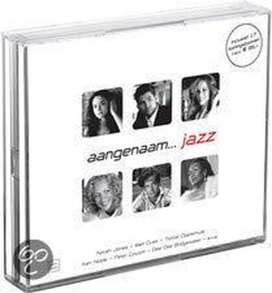 CD hoes met zes zwart-wit portretten van artiesten, tekst 'aangenaam... jazz'.