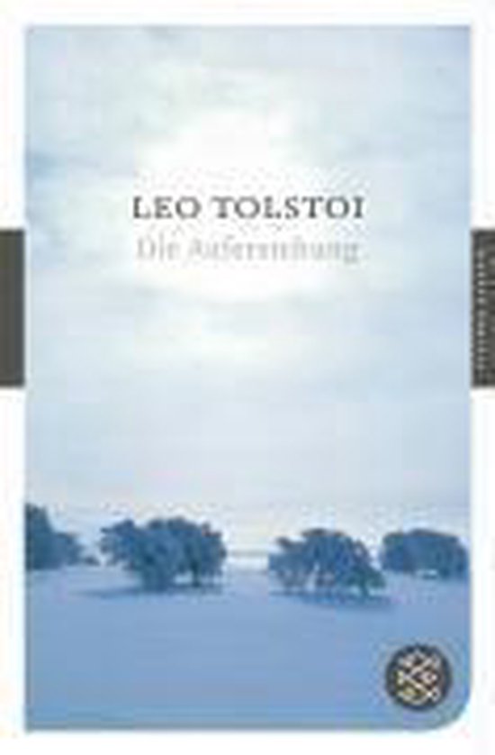 Boek 'Die Auferstehung' van Leo Tolstoi met een winterse landschapsafbeelding op de kaft.