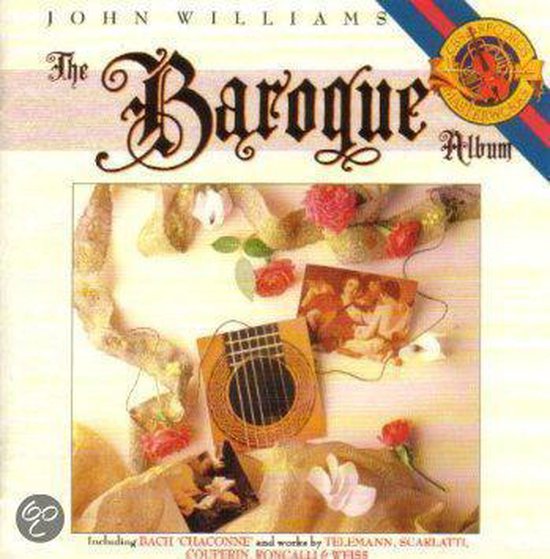 Albumhoes The Baroque Album van John Williams met een miniatuurluit, bloemen en een schilderij.