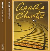 Audioboek "4:50 From Paddington" van Agatha Christie, 6 CD's ongesproken, voorgelezen door Joan Hickson. Achtergrond is een klok met wijzers en een spoorlijn.