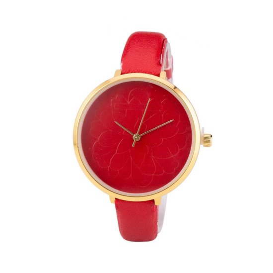 Leren Dames Horloge - Dunne 1 cm Band - Rood - Bloemen | bol.com