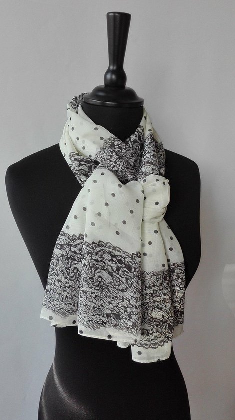 Dames sjaal - chiffon - stipjes - polka dots - kant - zwart - crème - 45 x 155 cm