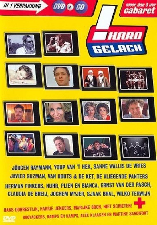 DVD + CD "Hard Gelach" met meer dan 3 uur cabaret. Toont 12 kleine portretten van artiesten en het "Hard Gelach" logo.