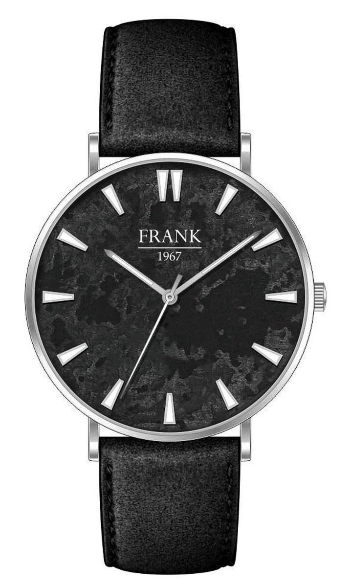 Frank 1967 7FW 0018 Metalen Horloge met Leren Band -Doorsnee 47 mm - Zilverkleurig - Zwart